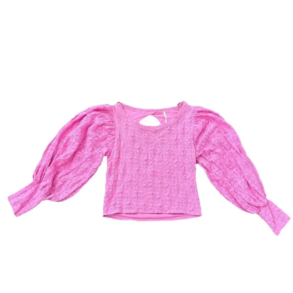 Free People Women's Tea Time Top Plumeria Pink Lace Small Stretch Balloon Sleeve